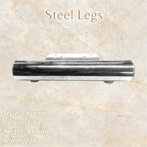 Silver chrome steel legs, 45mm height, 230mm width. Isolated on marble background.