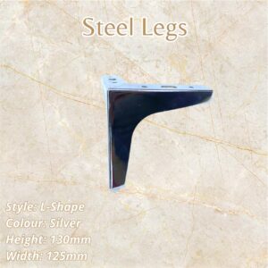 Silver metal L-shape leg for furniture, 130mm height, 125mm width.