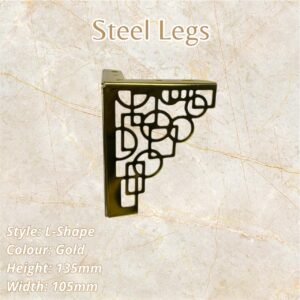 Gold steel legs, L-shape, 135mm height, 105mm width. Geometric cut-out design.