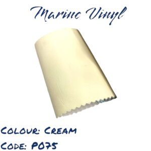 Cream marine vinyl, code P075. A pale yellow sample is shown rolled.