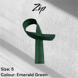 Emerald green zipper, size 5, displayed on a white textured background.