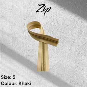 Khaki zip fastener, size 5, on a white textured background.