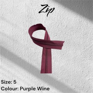 Purple wine color zipper, size 5, on a white textured background.