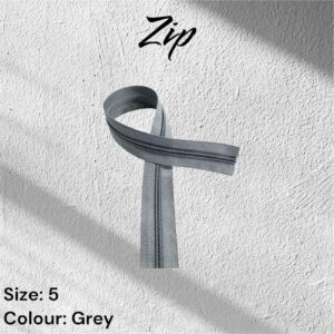 Grey zipper, size 5, displayed on a white textured background.