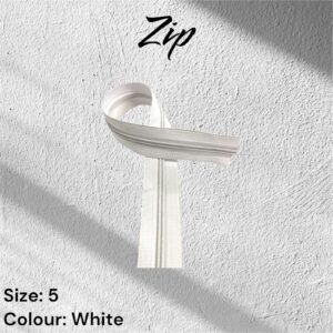 White zip fastener, size 5, shown on a textured white background.
