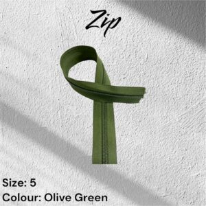 Olive green zipper, size 5, displayed on a white textured background.
