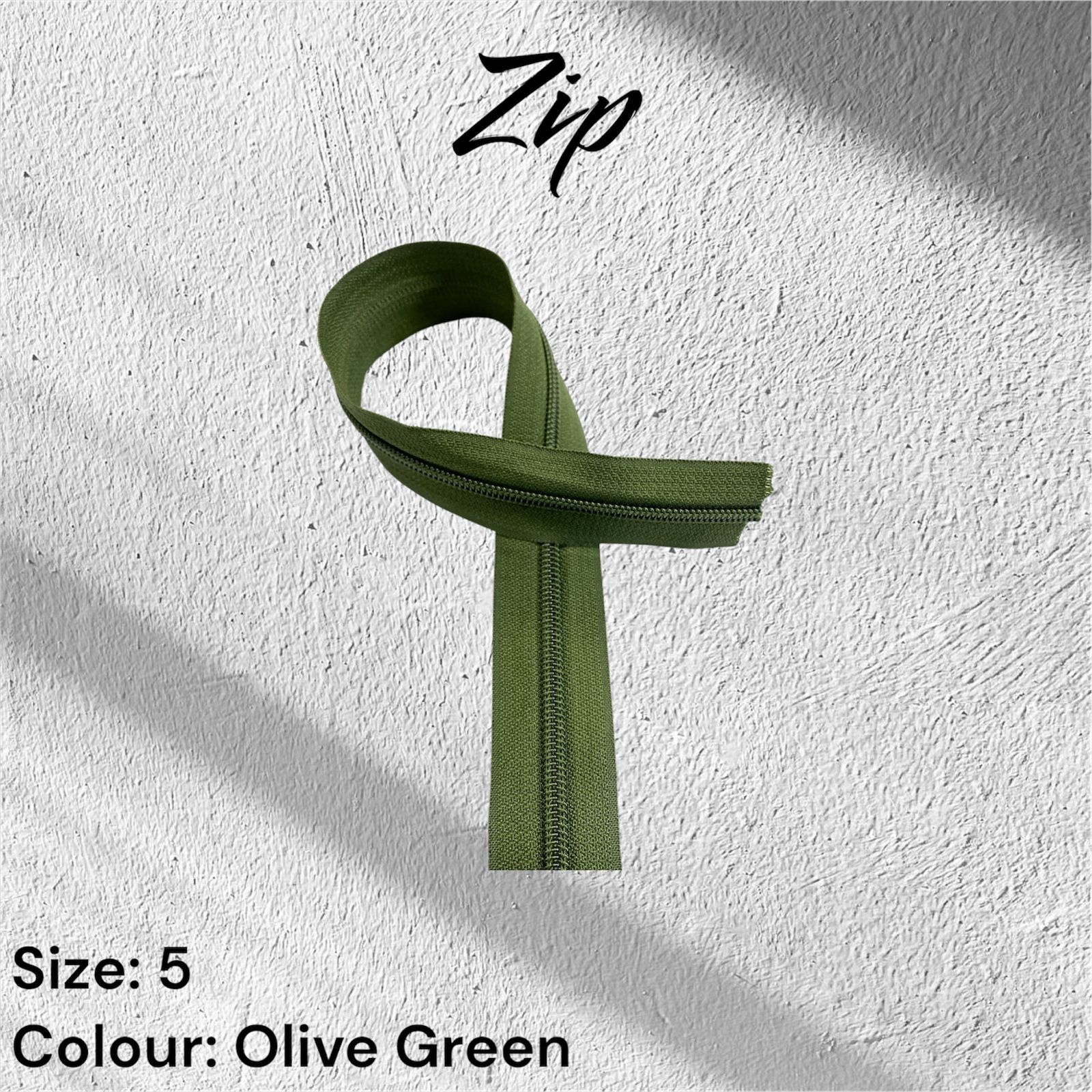 Olive green zipper, size 5, displayed on a white textured background.