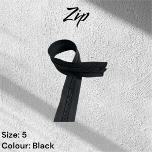 Black zipper, size 5, on a white textured background.