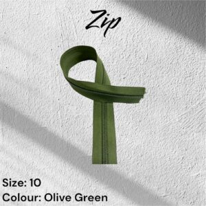 Olive green zipper, size 10, displayed on white textured background.