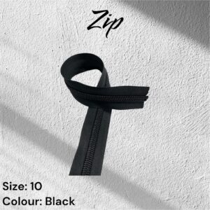 Black zipper, size 10, on a white textured background. The zipper is shown in a loop.