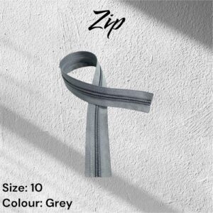 Grey zipper, size 10, on white textured background. The zipper is displayed in a loop.