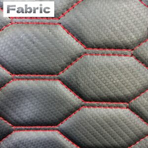 Black carbon fiber textured fabric with red stitching, hexagonal pattern. CF4D