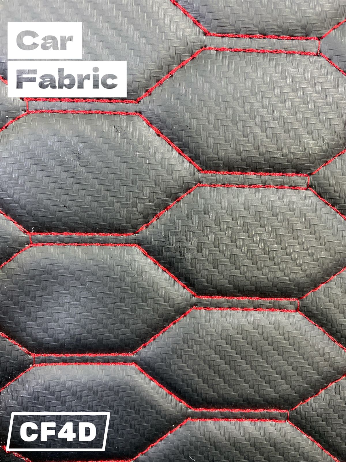 Black carbon fiber textured fabric with red stitching, hexagonal pattern. CF4D