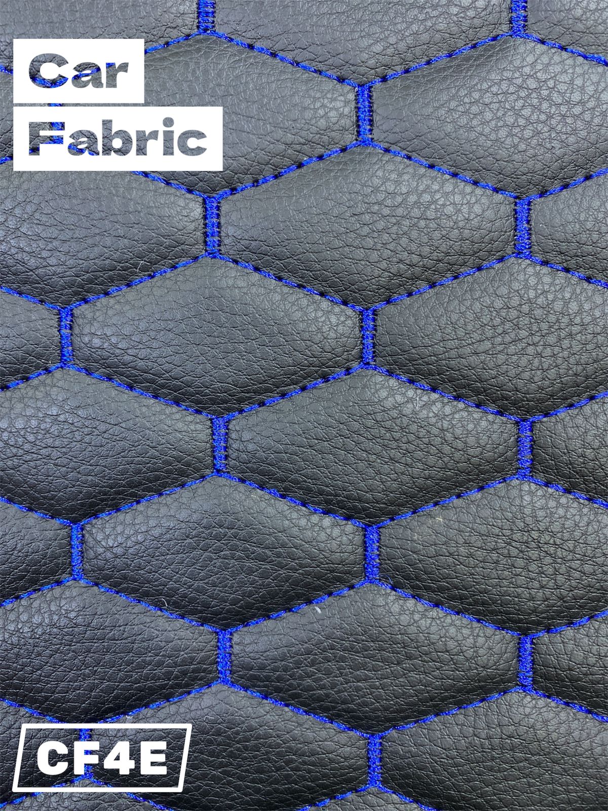 Black leather fabric with blue stitching in a hexagonal pattern. CF4E.