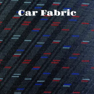 Dark gray car fabric with red, blue, and light gray stripes