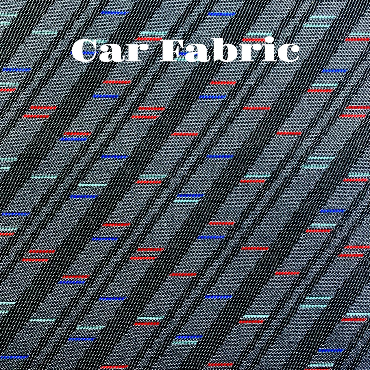 Gray car fabric with red, blue, and light-blue stripes