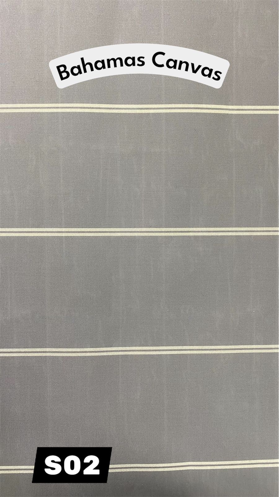 Gray canvas fabric with thin off-white stripes. Product code S02.