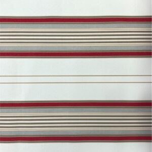 White fabric with thin red, beige and gray stripes. Product code: T0092