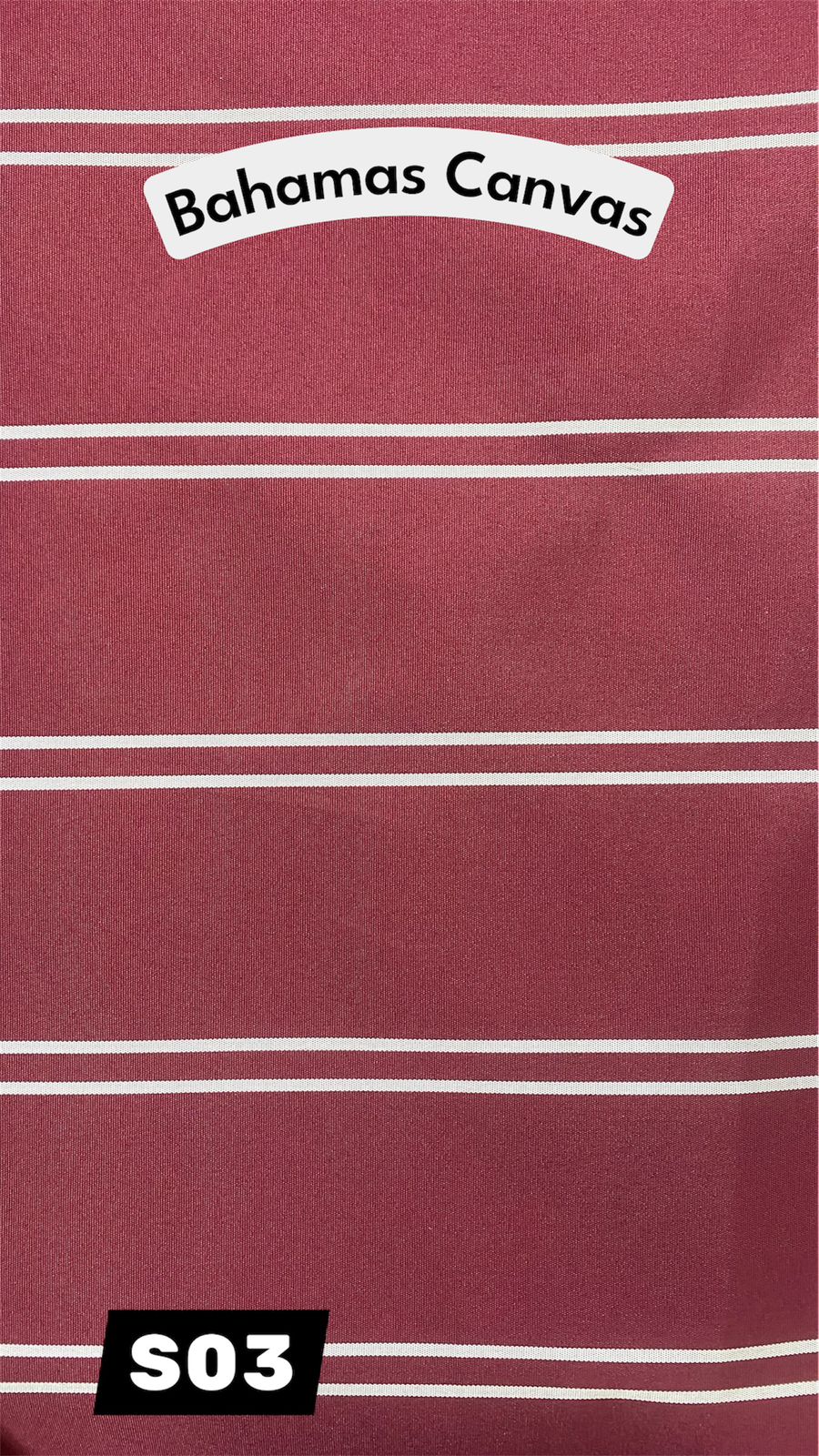 Red canvas fabric with thin white stripes. The text 'Bahamas Canvas' is visible.