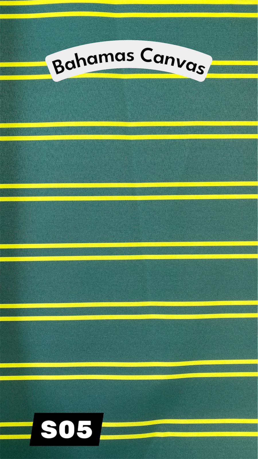 Dark teal fabric with thin yellow stripes. The text 'Bahamas Canvas' is visible at the top. 'S05' is visible at the bott