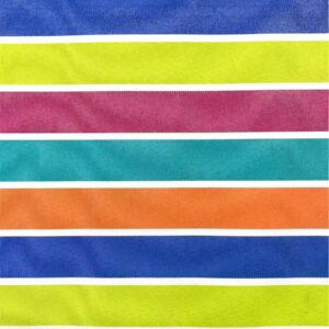 Multicolored striped canvas fabric. The stripes are thick and horizontal. A label reads 'Bahamas Canvas'. Product code: 