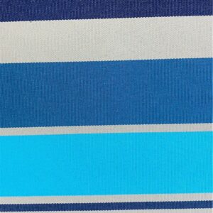 Blue, white and turquoise striped canvas fabric. The text 'Bahamas Canvas' is visible at the top, and '02-87' at the bot