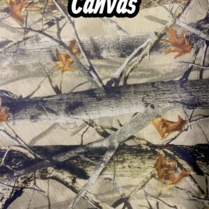 Waterproof Camo13 canvas fabric in beige, brown, and gray. The pattern features branches and leaves.