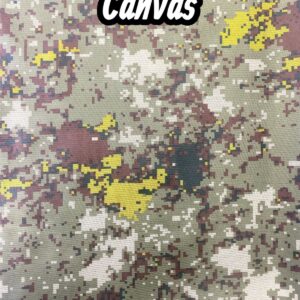 Waterproof canvas fabric in Camo07 pattern. Multicolored pixelated camouflage design in greens, browns, and yellows.
