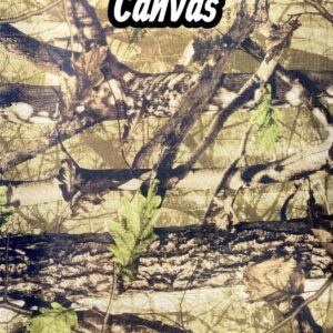 Waterproof canvas fabric in camo pattern, featuring branches and leaves in shades of brown, beige, and green. Camo08 lab