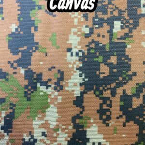 Waterproof canvas texture in Camo04 pattern. Brown, green, beige and black pixelated camouflage design.