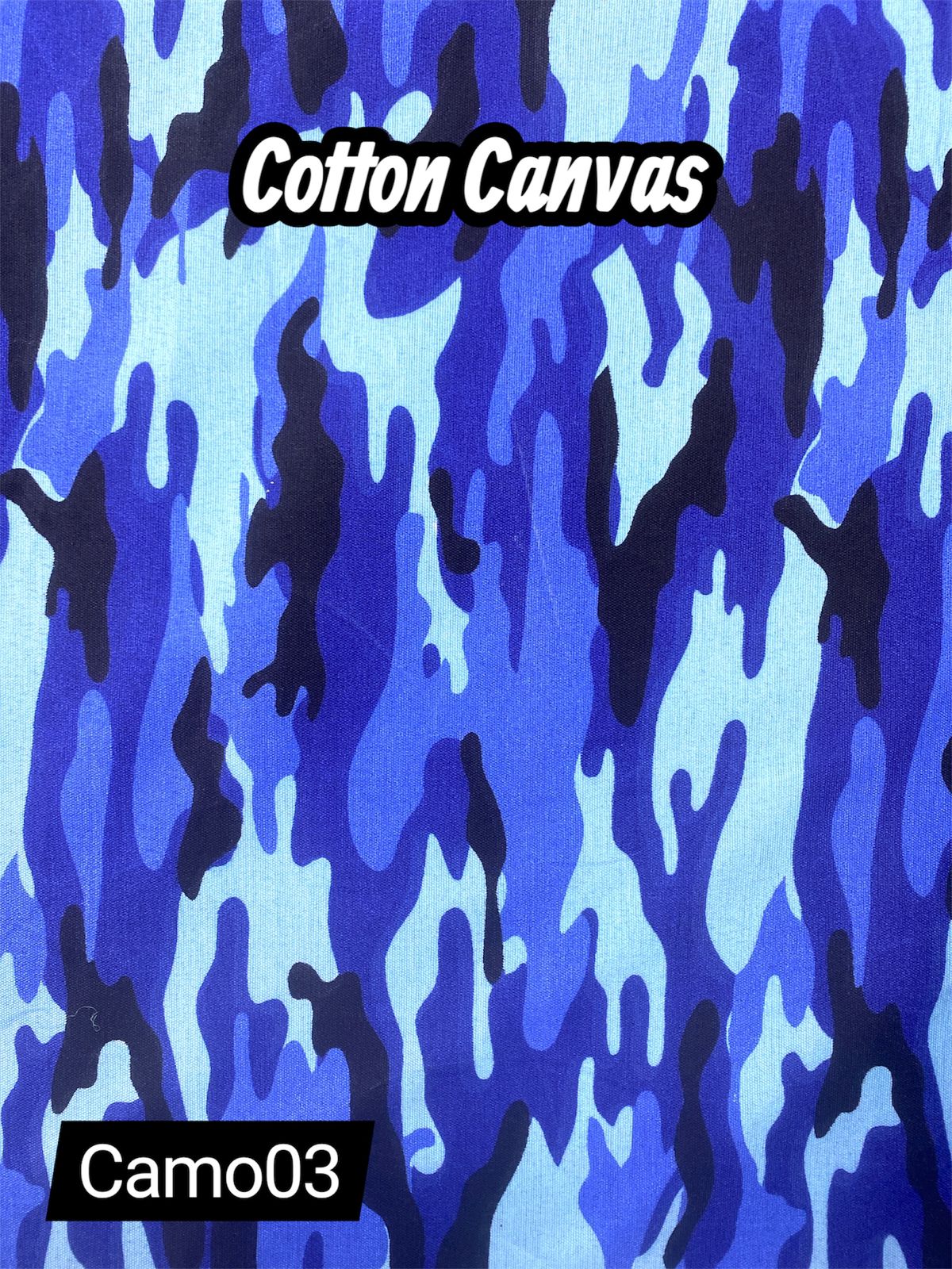Blue camo cotton canvas fabric texture. Shades of blue, black patterns. Cotton canvas is written on top. Camo03 is writt