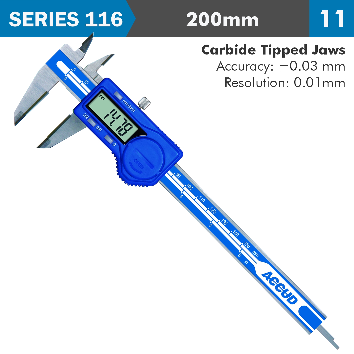 Dig. Caliper 200Mm 0.03Mm Acc. Tct Jaws S/Steel 0.01Mm Res.