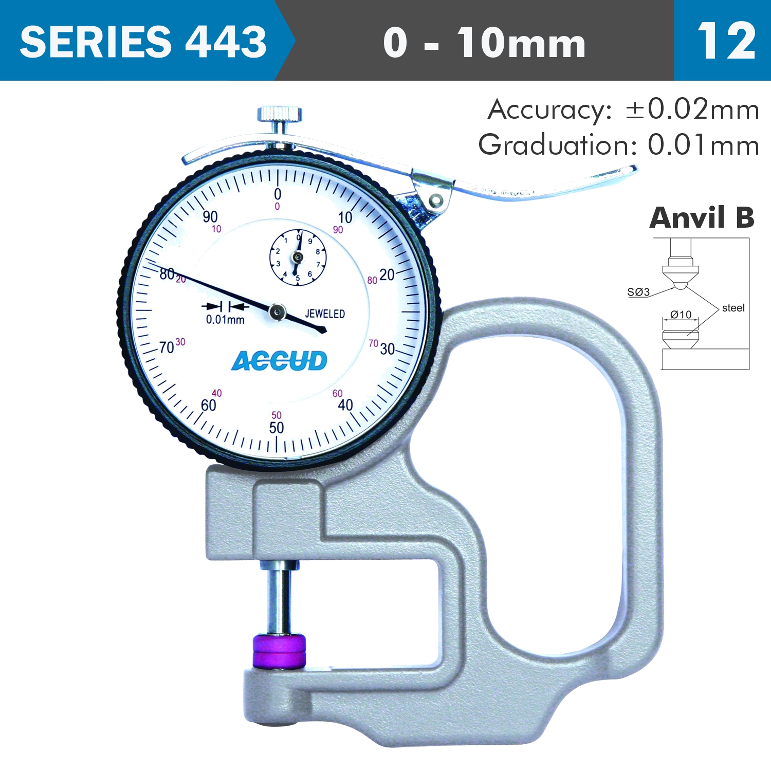 Thickness Gauge 10Mm 0.02Mm Acc. Steel Anvil 0.01Mm Grad.