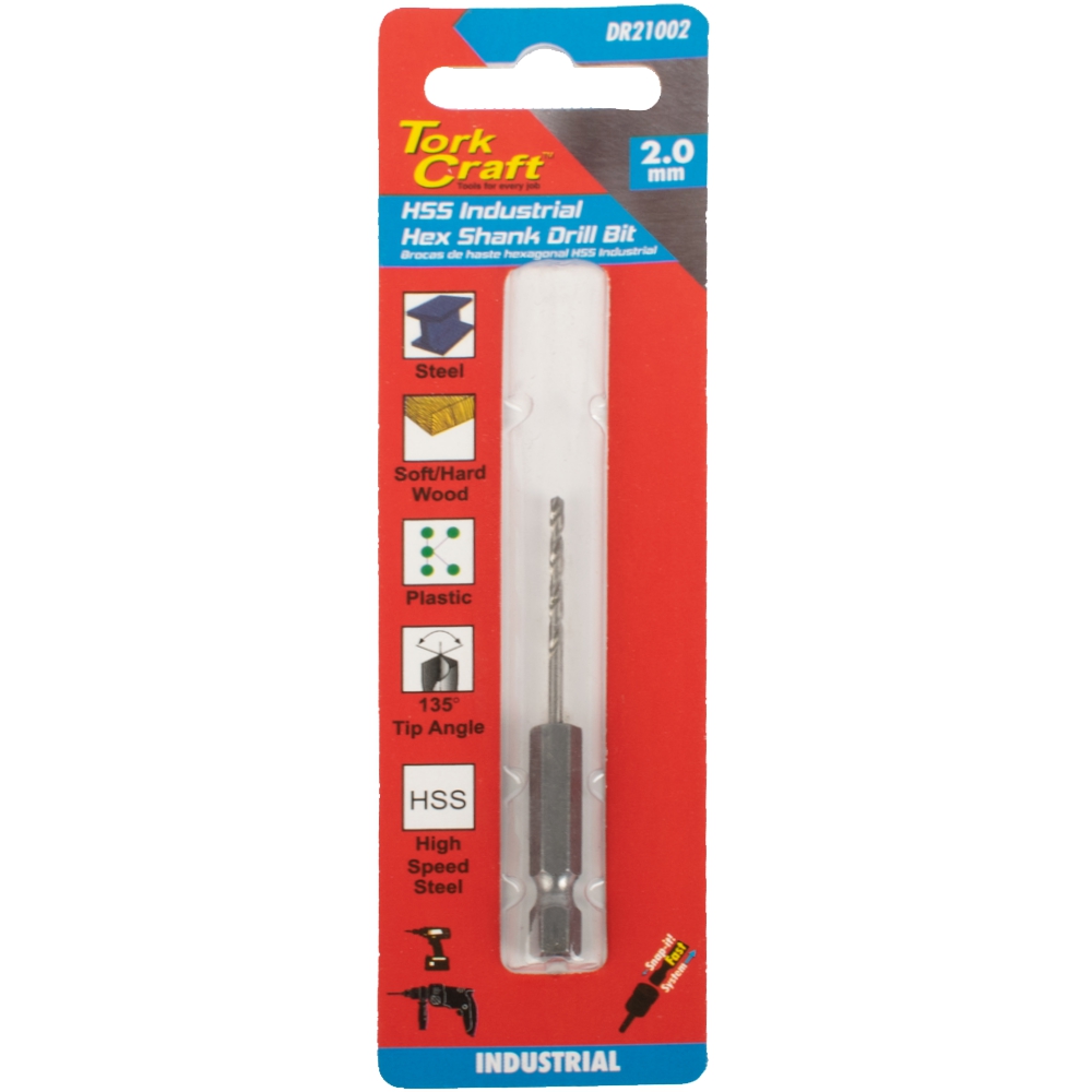 Drill Hss 2.0Mm 135Deg 1/Card Hex Shank Industrial Bit