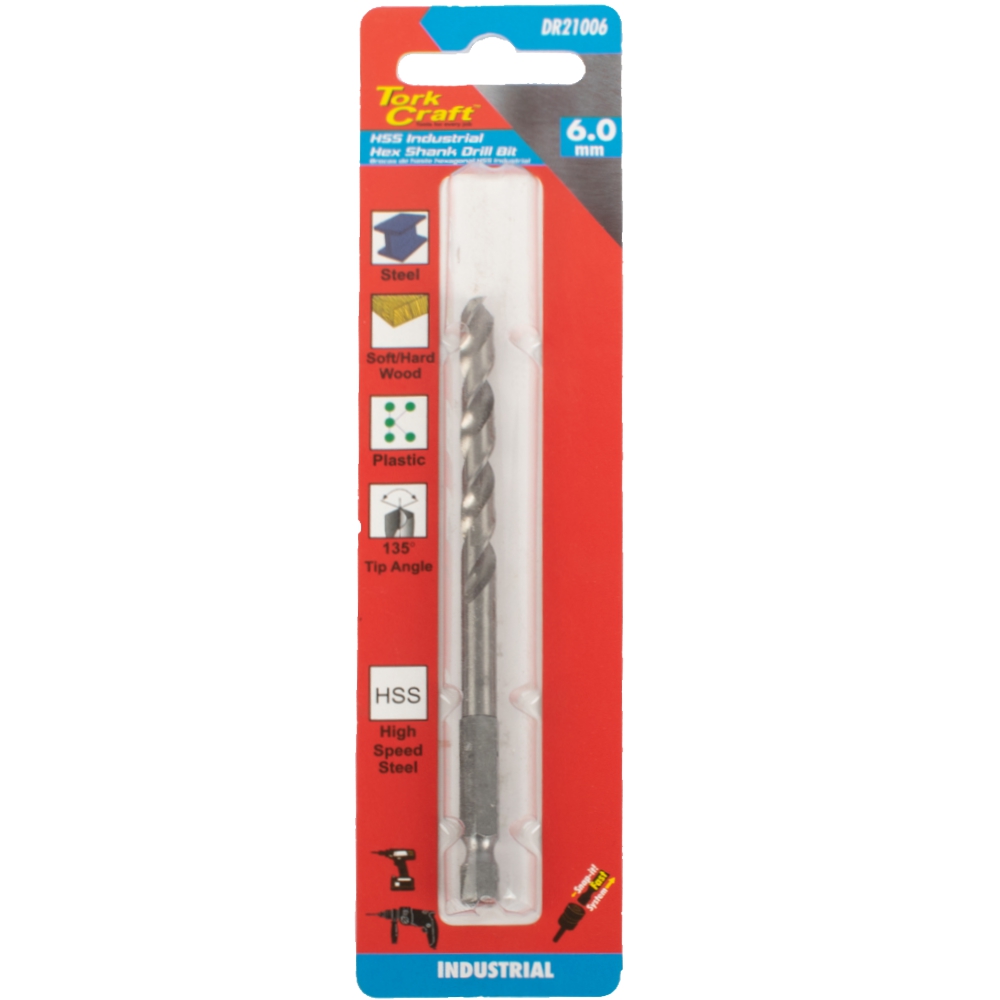 Drill Hss 6.0Mm 135Deg 1/Card Hex Shank Industrial Bit