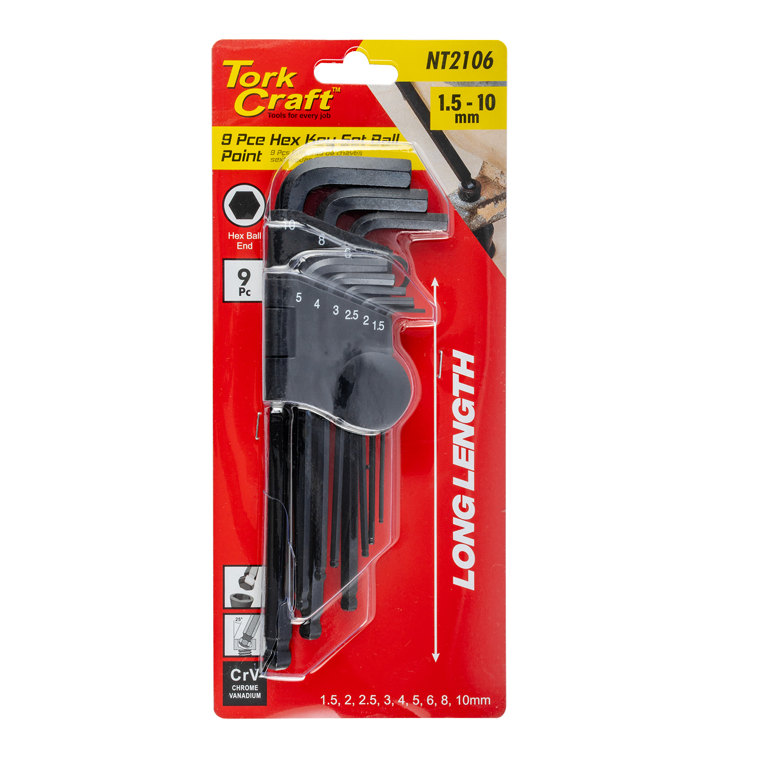 Hex Key Set 9Pc Ball Point 1.5-10Mm Carded Cr-V
