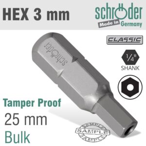 Allen/Hex 3Mm Security Insert Bit 25Mm Bulk
