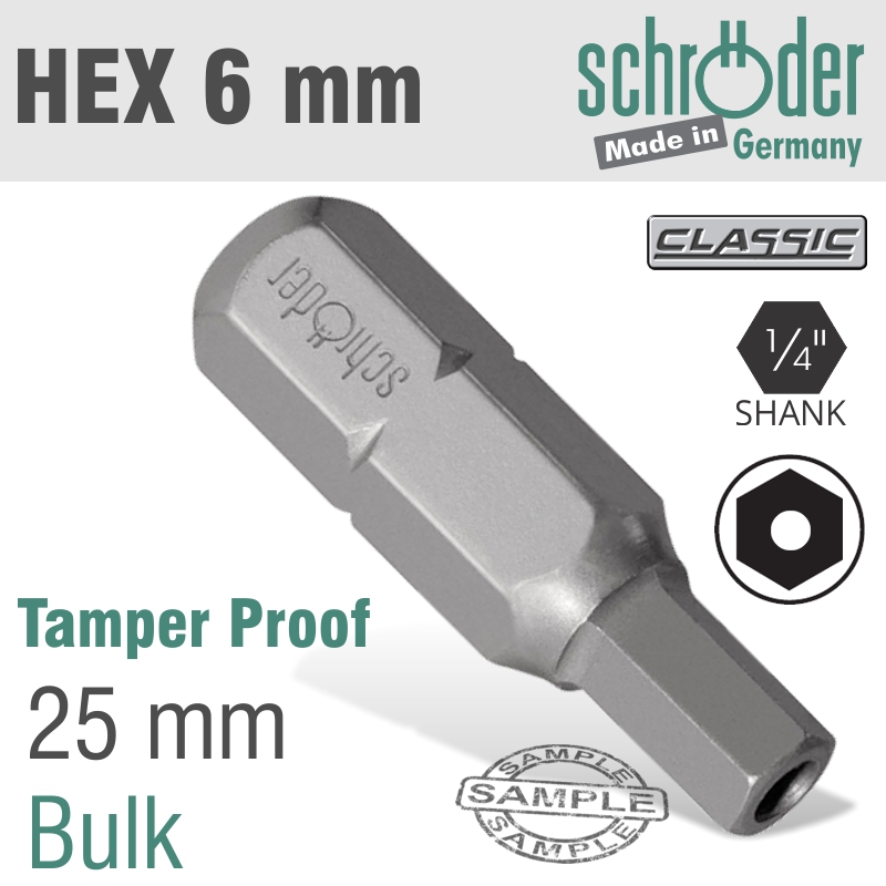 Allen/Hex 6Mm Security Insert Bit 25Mm Bulk