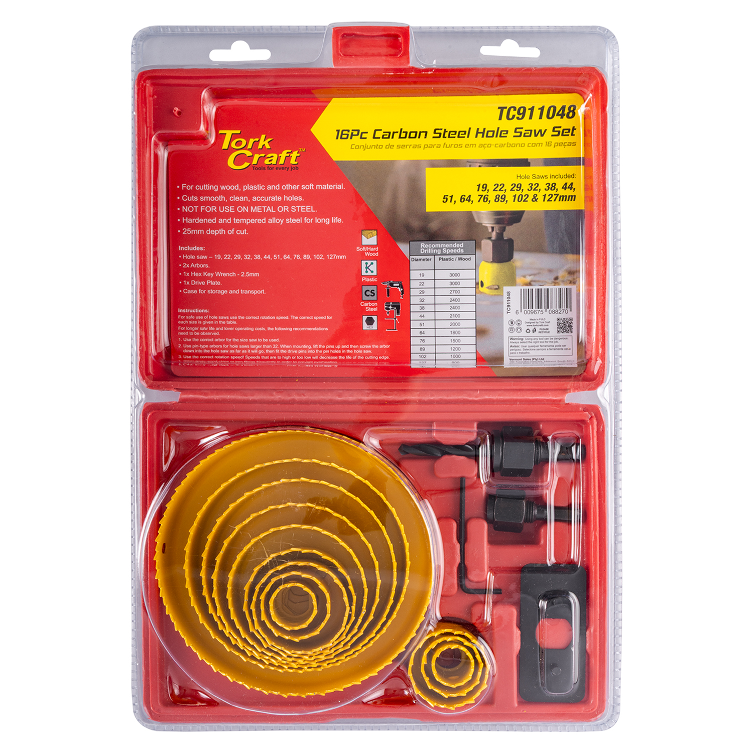Hole Saw Set Carbon Steel 16Pce 19 - 127Mm