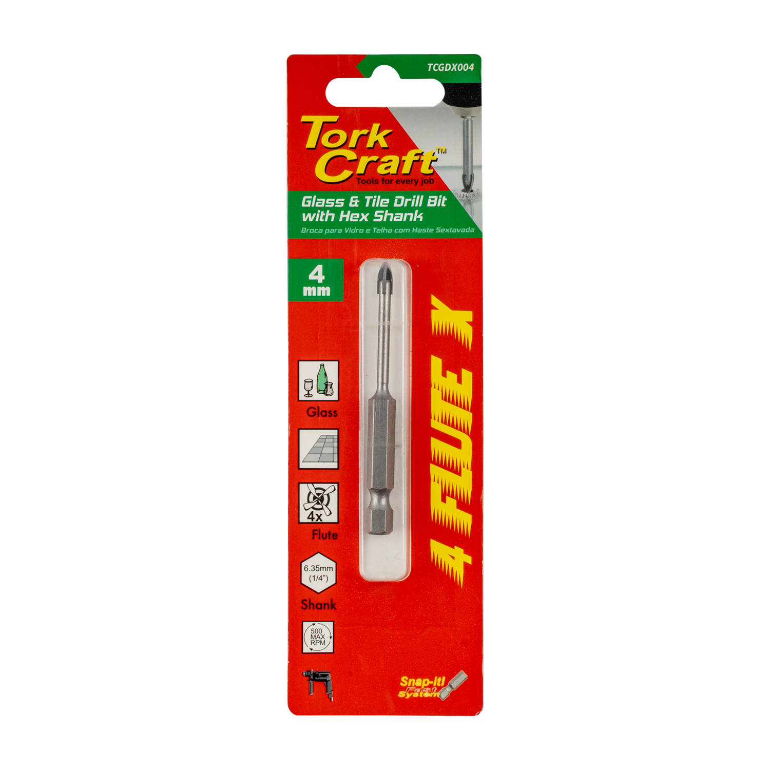 Glass & Tile Drill 4Mm 4 Flute With Hex Shank