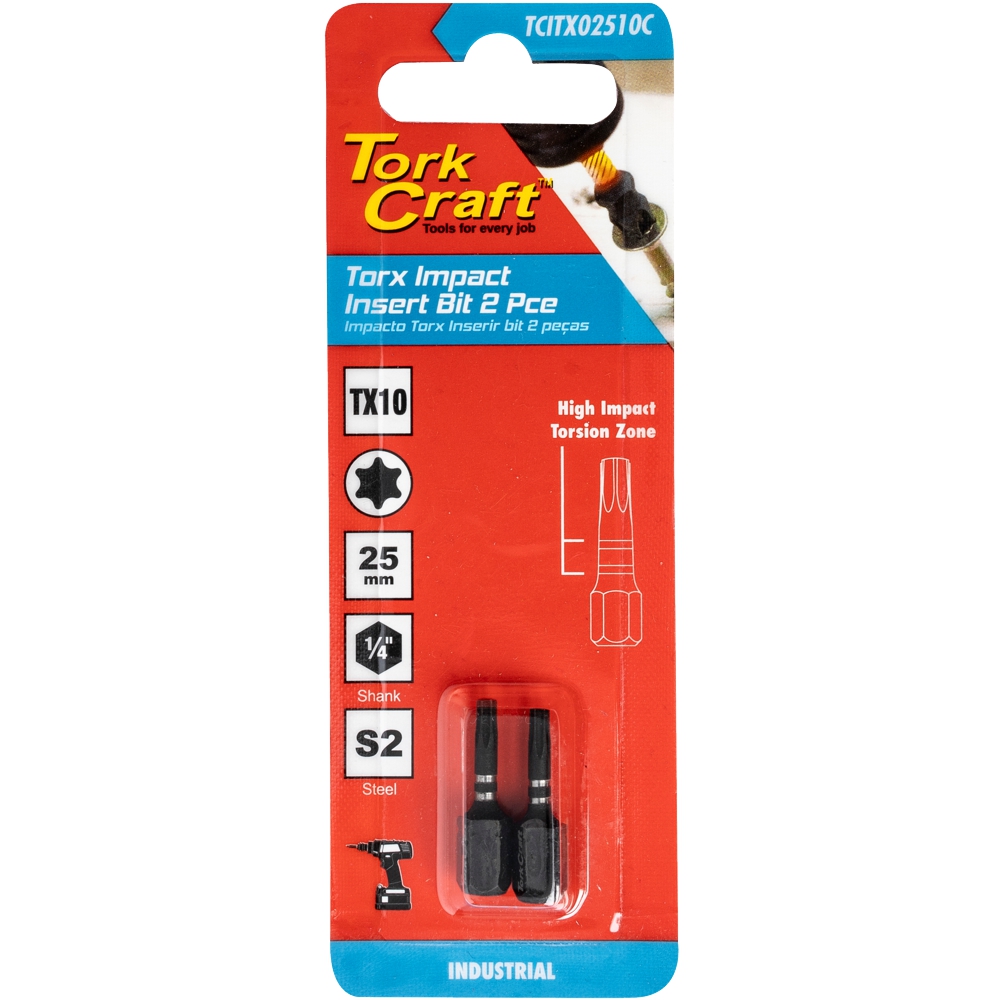 Torx Tx 10 Impact Insert Bit 25Mm 2Pc Carded